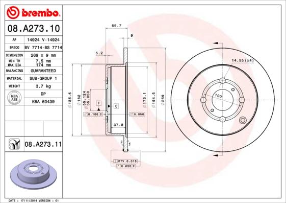 Brembo 08.A273.10 - Гальмівний диск autozip.com.ua