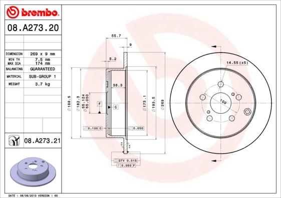 Brembo 08.A273.21 - Гальмівний диск autozip.com.ua