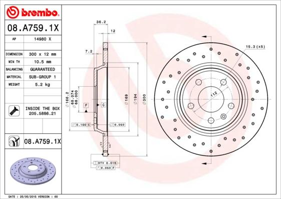 Brembo 08.A759.1X - Гальмівний диск autozip.com.ua