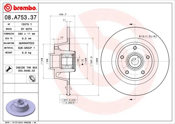 Brembo 08.A753.37 - Гальмівний диск autozip.com.ua