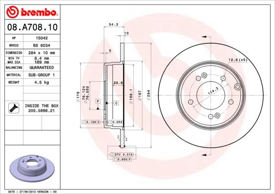 Brembo 08.A708.10 - Гальмівний диск autozip.com.ua