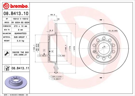 Brembo 08.B413.10 - Гальмівний диск autozip.com.ua