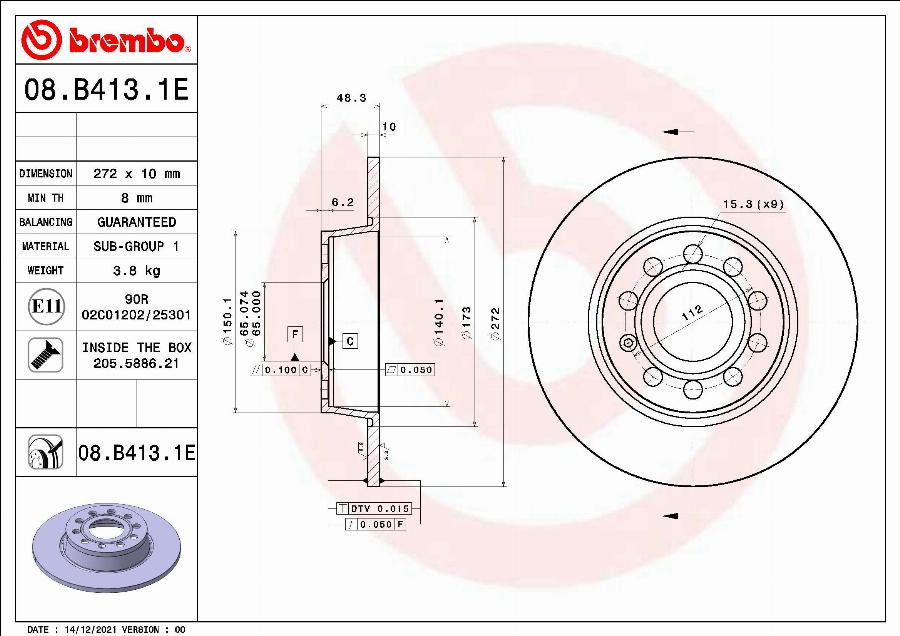 Brembo 08.B413.1E - Гальмівний диск autozip.com.ua