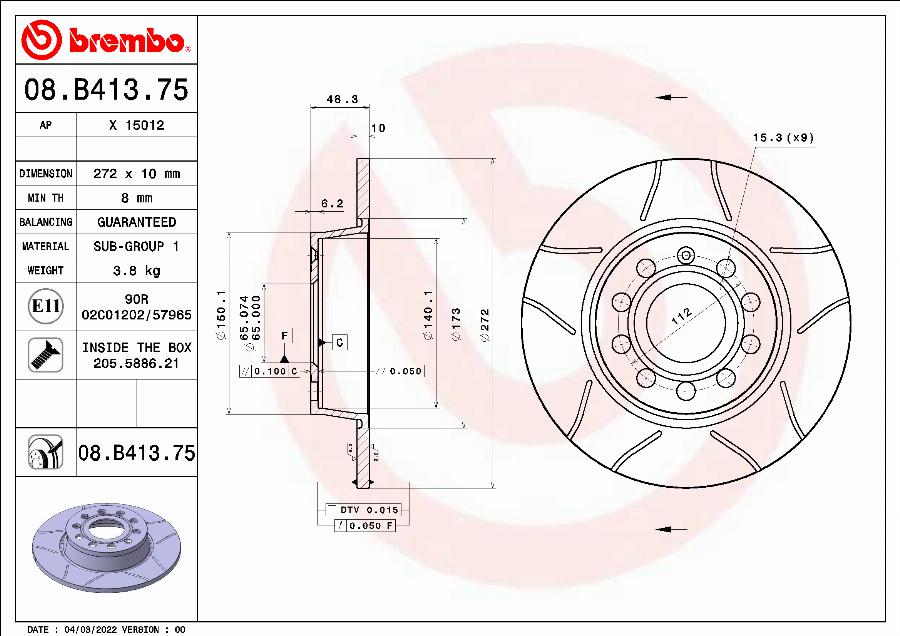 Brembo 08.B413.75 - Гальмівний диск autozip.com.ua