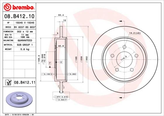 Brembo 08.B412.11 - Гальмівний диск autozip.com.ua