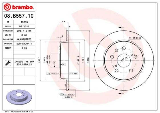 Brembo 08.B557.10 - Гальмівний диск autozip.com.ua