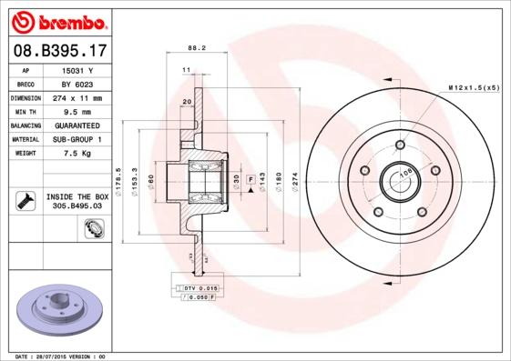 Brembo 08.B395.17 - Гальмівний диск autozip.com.ua