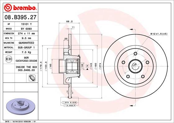 Brembo 08.B395.27 - Гальмівний диск autozip.com.ua