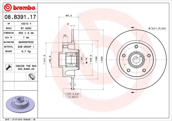 Brembo 08.B391.17 - Гальмівний диск autozip.com.ua