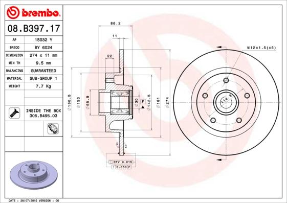 Brembo 08.B397.17 - Гальмівний диск autozip.com.ua