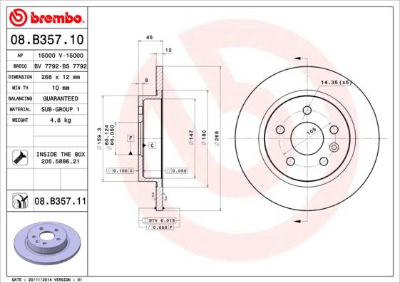 Brembo 08.B357.10 - Гальмівний диск autozip.com.ua