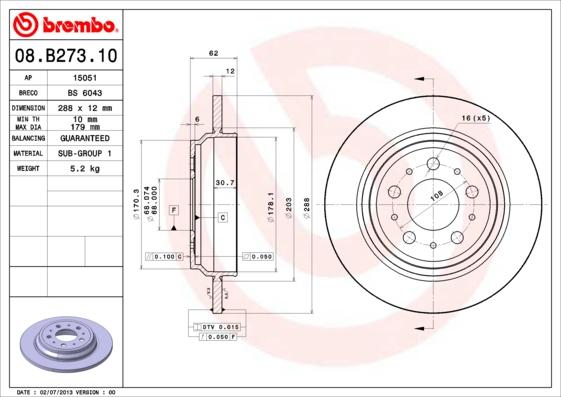 Brembo 08.B273.10 - Гальмівний диск autozip.com.ua