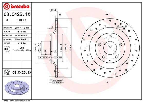 Brembo 08.C425.1X - Гальмівний диск autozip.com.ua