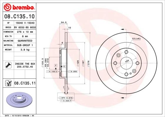 Brembo 08.C135.11 - Гальмівний диск autozip.com.ua