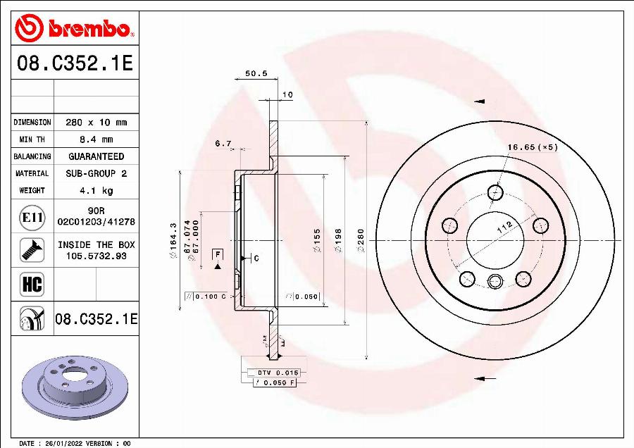 Brembo 08.C352.1E - Гальмівний диск autozip.com.ua