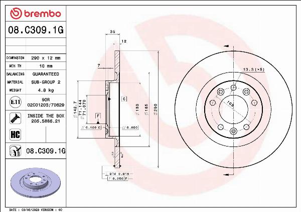 Brembo 08.C309.1G - Гальмівний диск autozip.com.ua