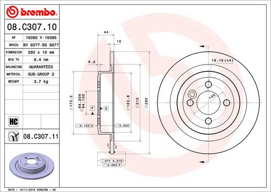 Brembo 08.C307.11 - Гальмівний диск autozip.com.ua