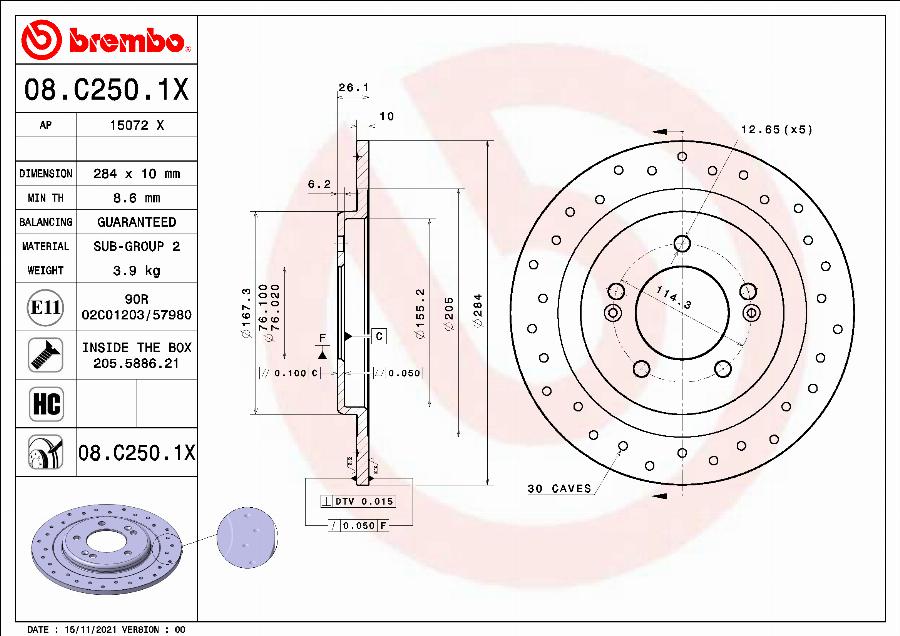 Brembo 08.C250.1X - Гальмівний диск autozip.com.ua