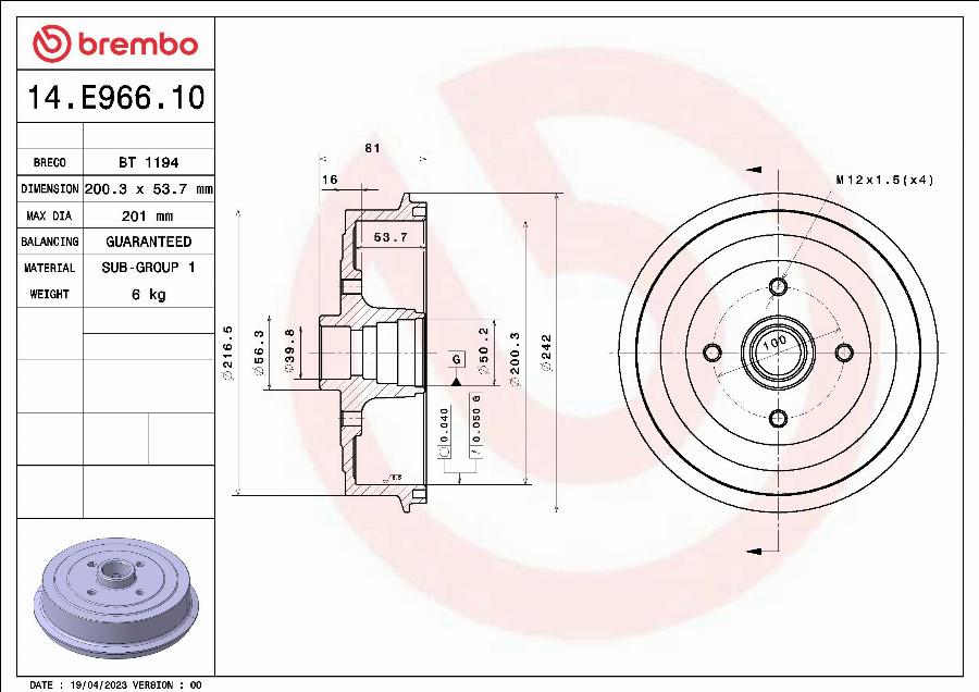 Brembo 14.E966.10 - Гальмівний барабан autozip.com.ua