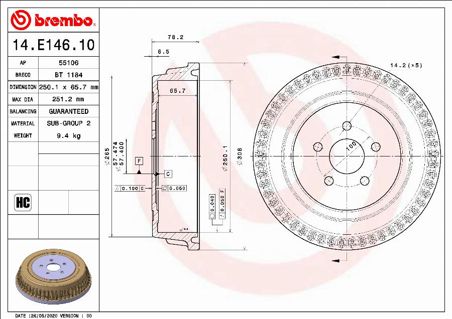 Brembo 14.E146.10 - Гальмівний барабан autozip.com.ua