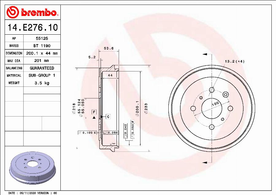 Brembo 14.E276.10 - Гальмівний барабан autozip.com.ua