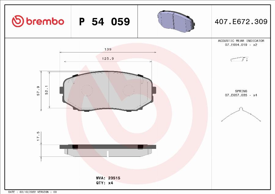Brembo P 54 059 - Гальмівні колодки, дискові гальма autozip.com.ua