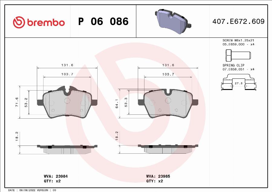 Brembo P 06 086 - Гальмівні колодки, дискові гальма autozip.com.ua