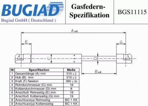 Bugiad BGS11115 - Газова пружина, кришка багажник autozip.com.ua