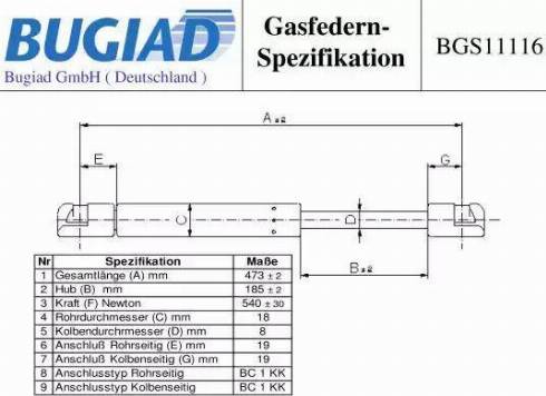 Bugiad BGS11116 - Газова пружина, кришка багажник autozip.com.ua