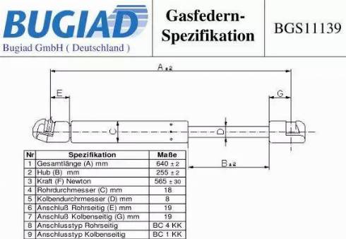 Bugiad BGS11139 - Газова пружина, кришка багажник autozip.com.ua