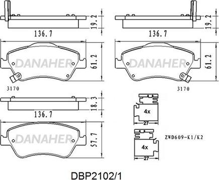 Danaher DBP2102/1 - Гальмівні колодки, дискові гальма autozip.com.ua