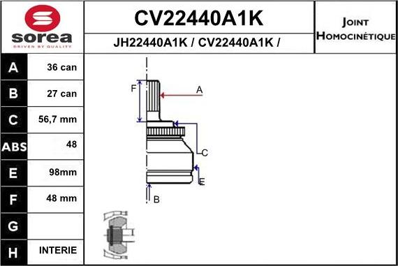 EAI CV22440A1K - Шарнірний комплект, ШРУС, приводний вал autozip.com.ua