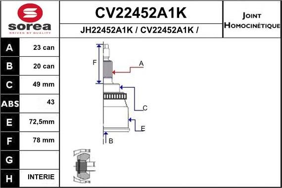 EAI CV22452A1K - Шарнірний комплект, ШРУС, приводний вал autozip.com.ua