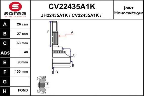 EAI CV22435A1K - Шарнірний комплект, ШРУС, приводний вал autozip.com.ua