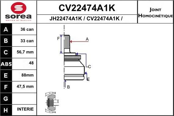 EAI CV22474A1K - Шарнірний комплект, ШРУС, приводний вал autozip.com.ua