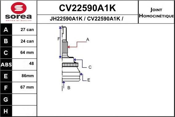 EAI CV22590A1K - Шарнірний комплект, ШРУС, приводний вал autozip.com.ua
