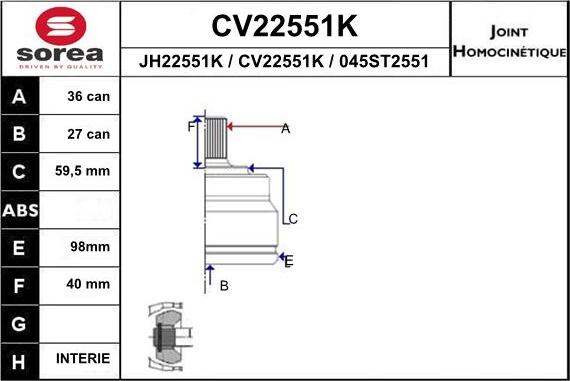 EAI CV22551K - Шарнірний комплект, ШРУС, приводний вал autozip.com.ua