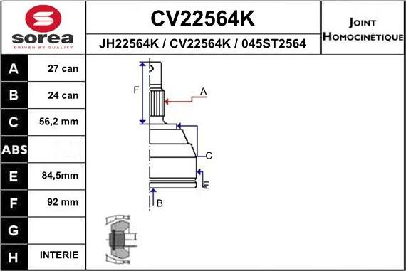 EAI CV22564K - Шарнірний комплект, ШРУС, приводний вал autozip.com.ua