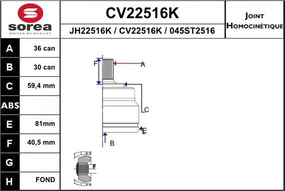 EAI CV22516K - Шарнір, ШРУС, приводний вал autozip.com.ua