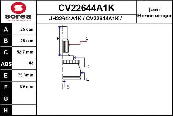 EAI CV22644A1K - Шарнірний комплект, ШРУС, приводний вал autozip.com.ua