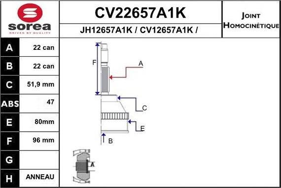 EAI CV22657A1K - Шарнірний комплект, ШРУС, приводний вал autozip.com.ua
