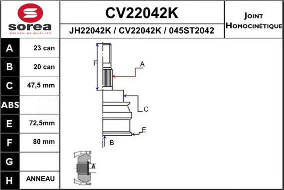 EAI CV22042K - Шарнірний комплект, ШРУС, приводний вал autozip.com.ua