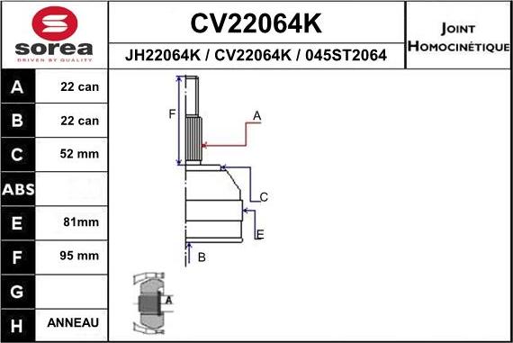 EAI CV22064K - Шарнірний комплект, ШРУС, приводний вал autozip.com.ua