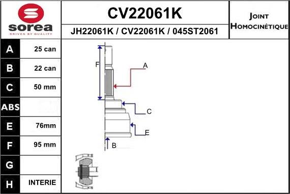 EAI CV22061K - Шарнірний комплект, ШРУС, приводний вал autozip.com.ua
