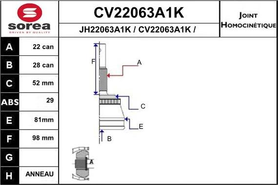 EAI CV22063A1K - Шарнірний комплект, ШРУС, приводний вал autozip.com.ua