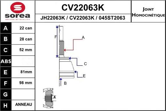 EAI CV22063K - Шарнірний комплект, ШРУС, приводний вал autozip.com.ua