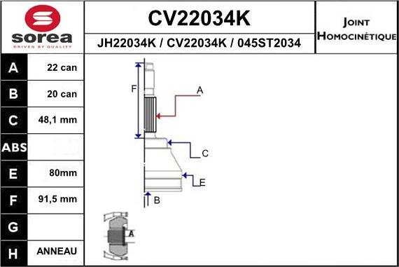 EAI CV22034K - Шарнірний комплект, ШРУС, приводний вал autozip.com.ua