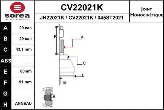 EAI CV22021K - Шарнірний комплект, ШРУС, приводний вал autozip.com.ua