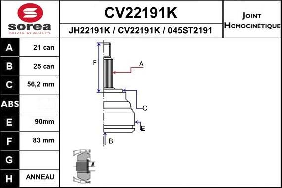 EAI CV22191K - Шарнірний комплект, ШРУС, приводний вал autozip.com.ua