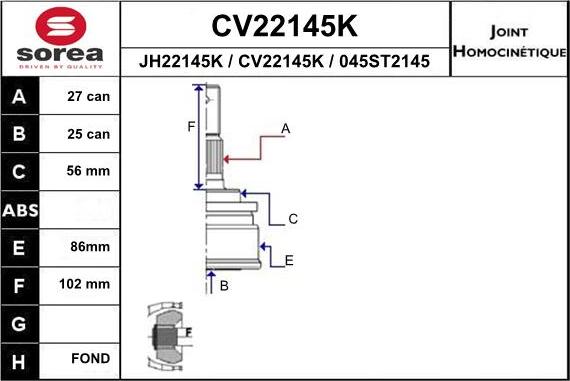 EAI CV22145K - Шарнірний комплект, ШРУС, приводний вал autozip.com.ua